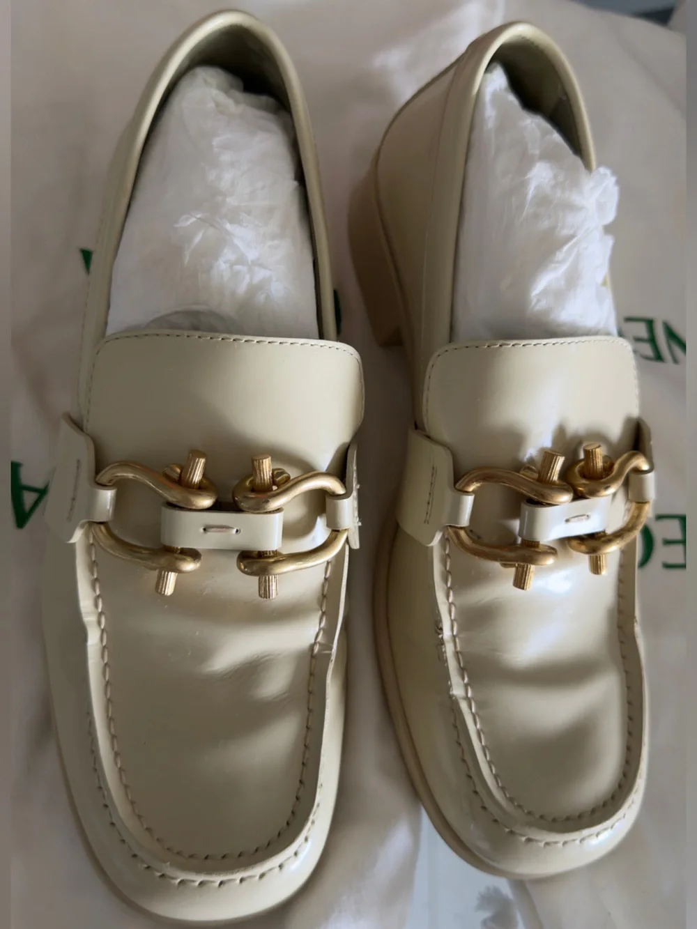 Bottega Veneta Cream Leather Loafers with Gold Hardware